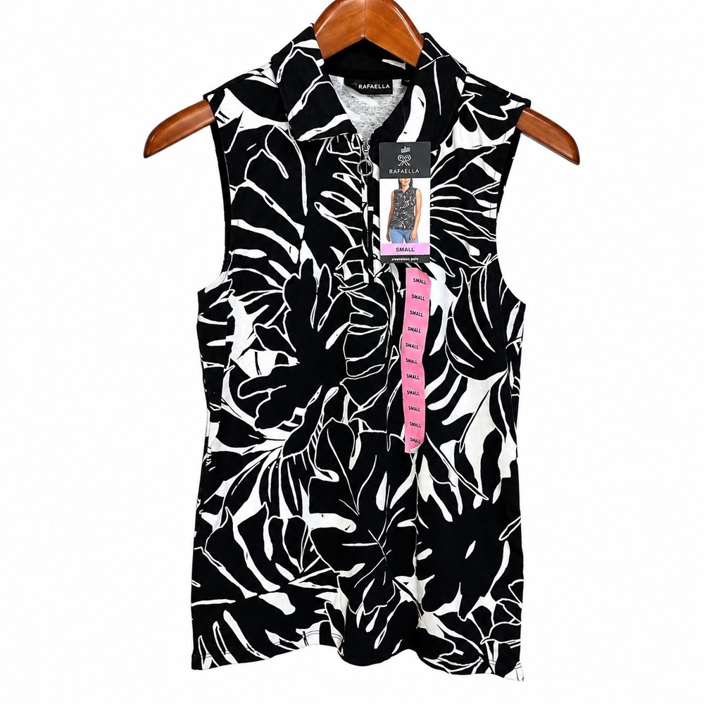 Rafaella Womens Sleeveless Polo Top Small Black White Tropical Monstera RSKSE060